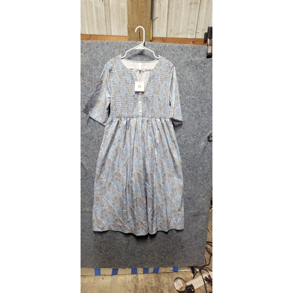 Noracora Women's Blue & Brown Paisley Print V-Neck Button-up Dress Size 2XL